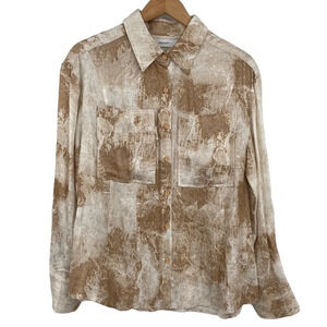 Simonett Montah Button Down Top Womens Size Small‎ Tan Marble Print Long Sleeves